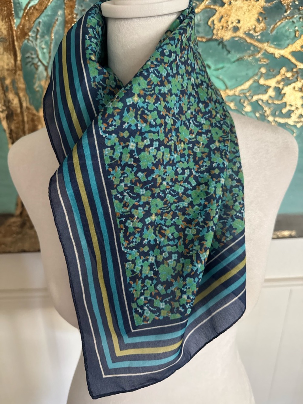 Vintage Made in Italy Silk Blend Scarf Navy Green Floral Echo